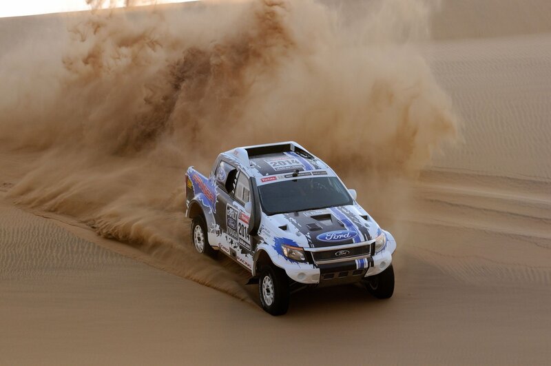 Rally Truck in Desert — Brown, Dynamic, Afternoon, Photograph, Dust Cloud