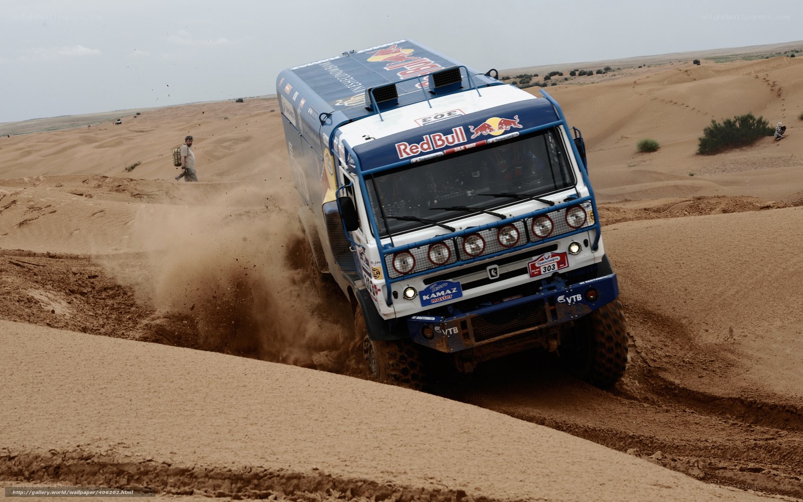 Rally truck in desert dunes