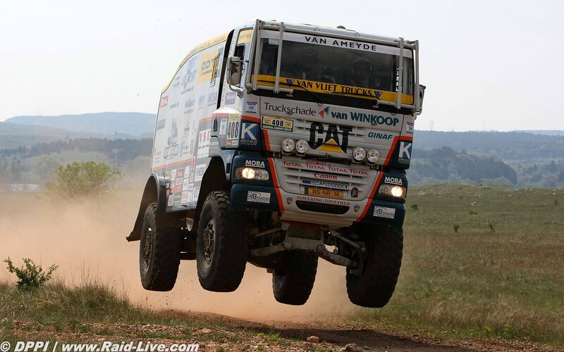 Rally truck in mid-air jump