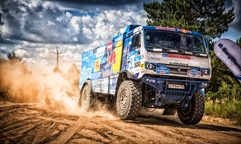 Rally Truck on Dirt — Blue, Dynamic, Afternoon, Photograph, Dust