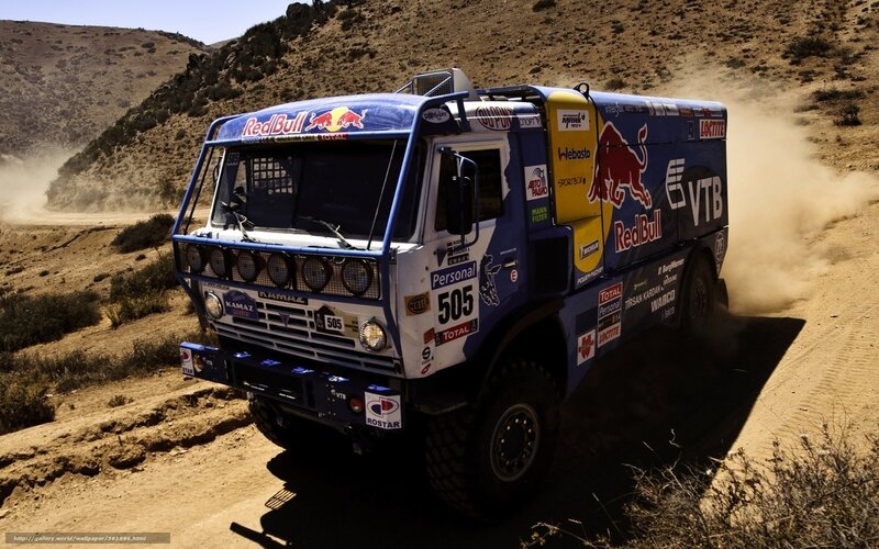 Rally truck on dusty terrain