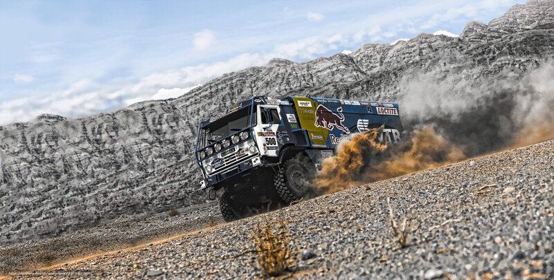 Rally truck on dusty terrain