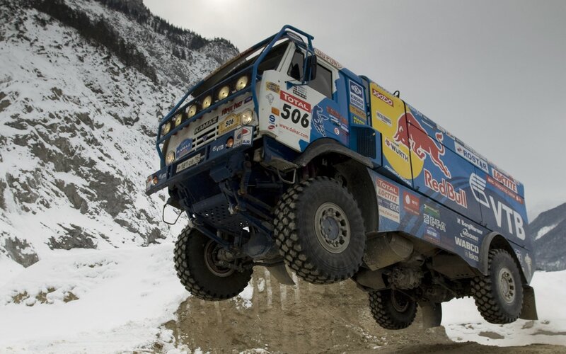 rally truck on snowy mountain