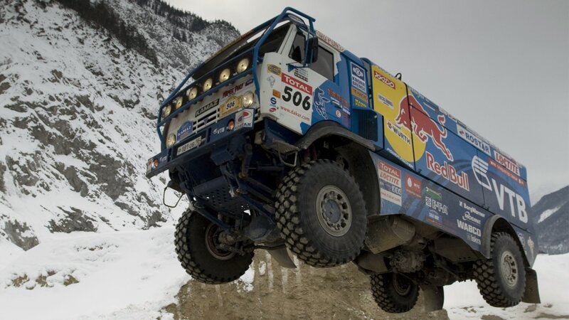 Rally truck on snowy mountain