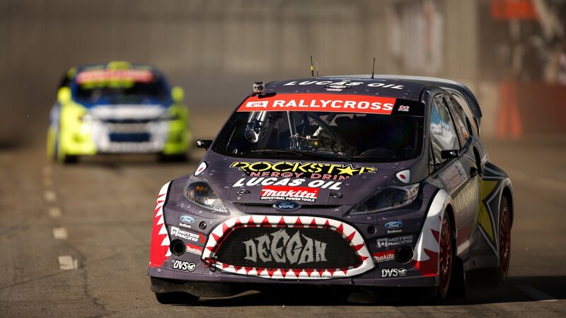 Rallycross race cars on track