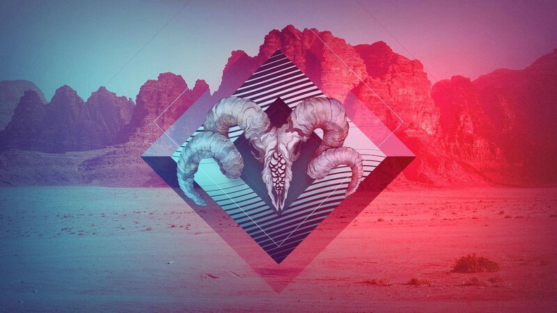 Ram Skull in Desert — Red, Dramatic, Digital Art