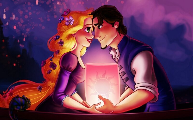 Rapunzel and Flynn in a boat