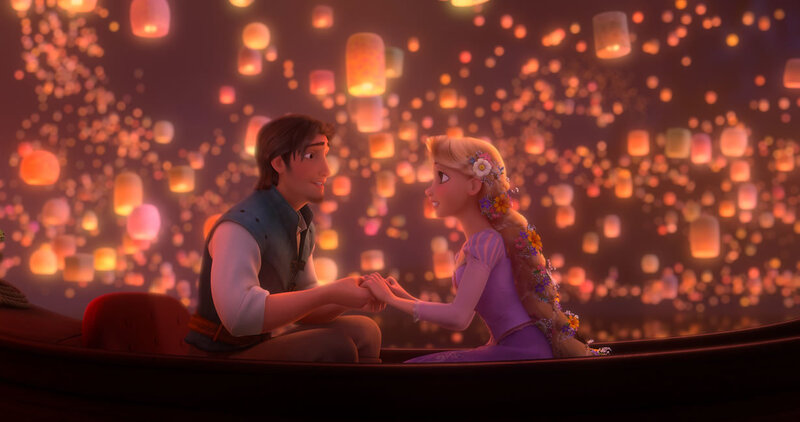 Rapunzel and Flynn in a boat