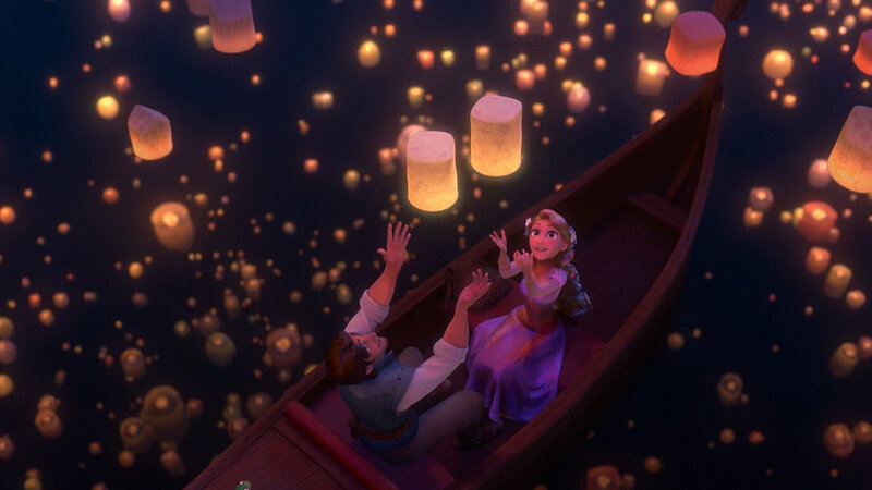 Rapunzel and Flynn in a boat