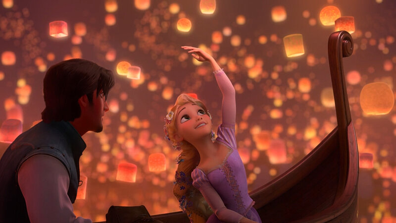 Rapunzel and Flynn in a boat