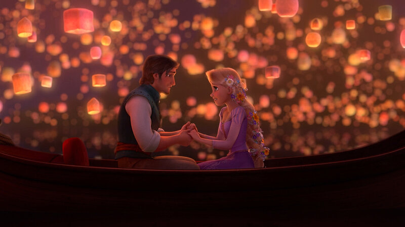 Rapunzel and Flynn in a boat