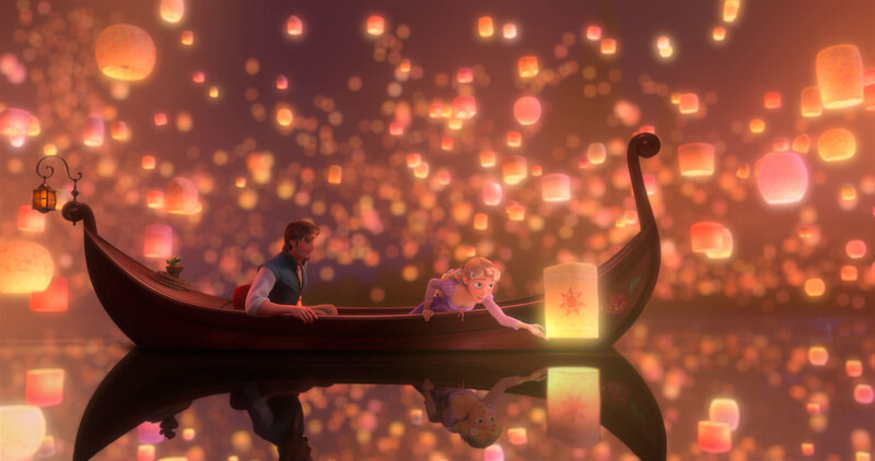 Rapunzel and Flynn in a boat