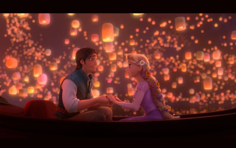 Rapunzel and Flynn in a boat