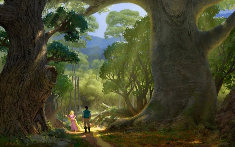 Rapunzel and Flynn in a forest