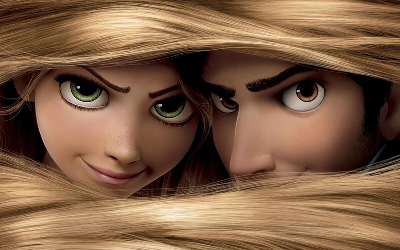 Rapunzel and Flynn in her hair