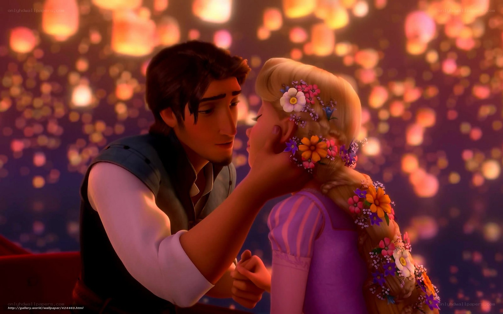 Rapunzel and Flynn in lantern light