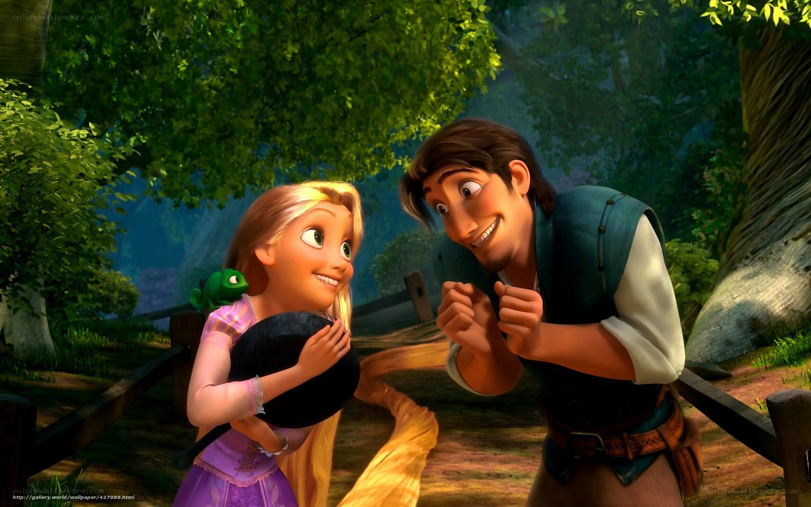 Rapunzel and Flynn in the forest