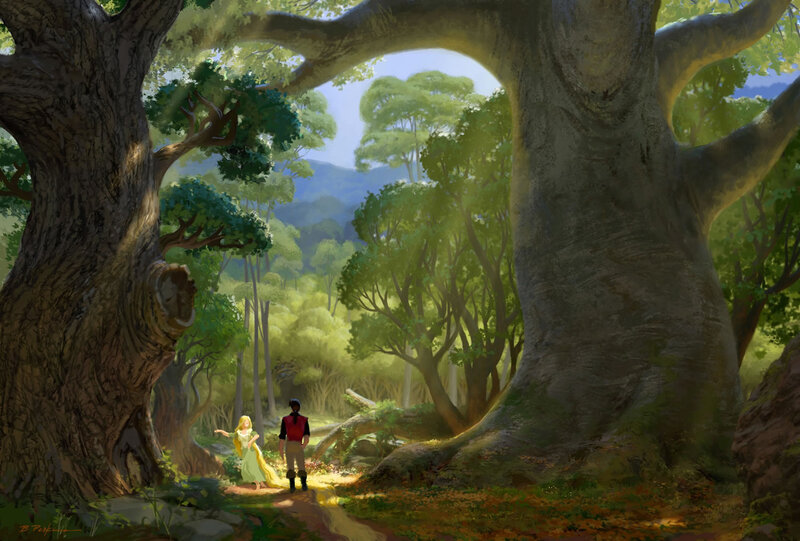 Rapunzel and Flynn in the forest
