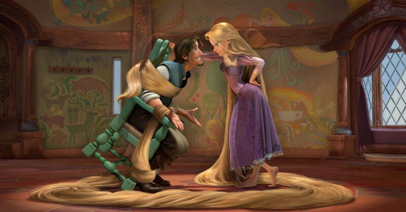 Rapunzel and Flynn in the tower