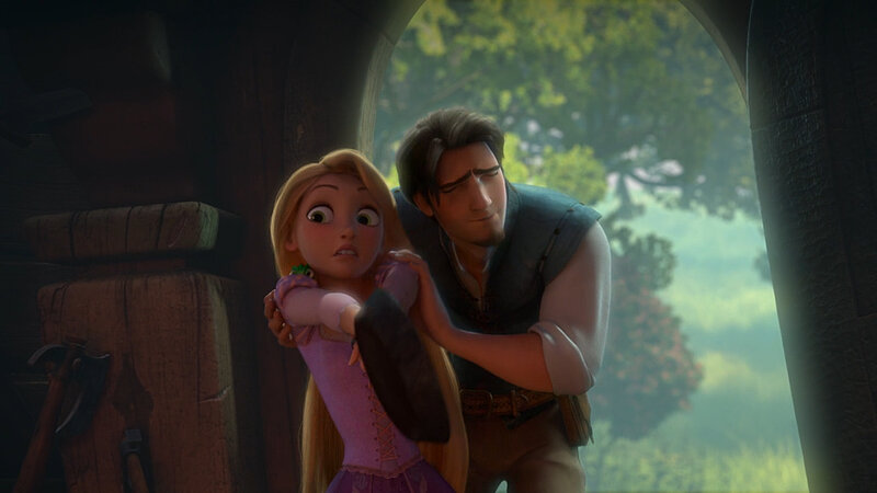 Rapunzel and Flynn in tower