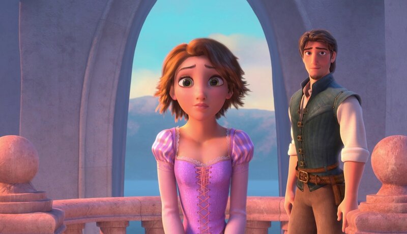 Rapunzel and Flynn on a balcony