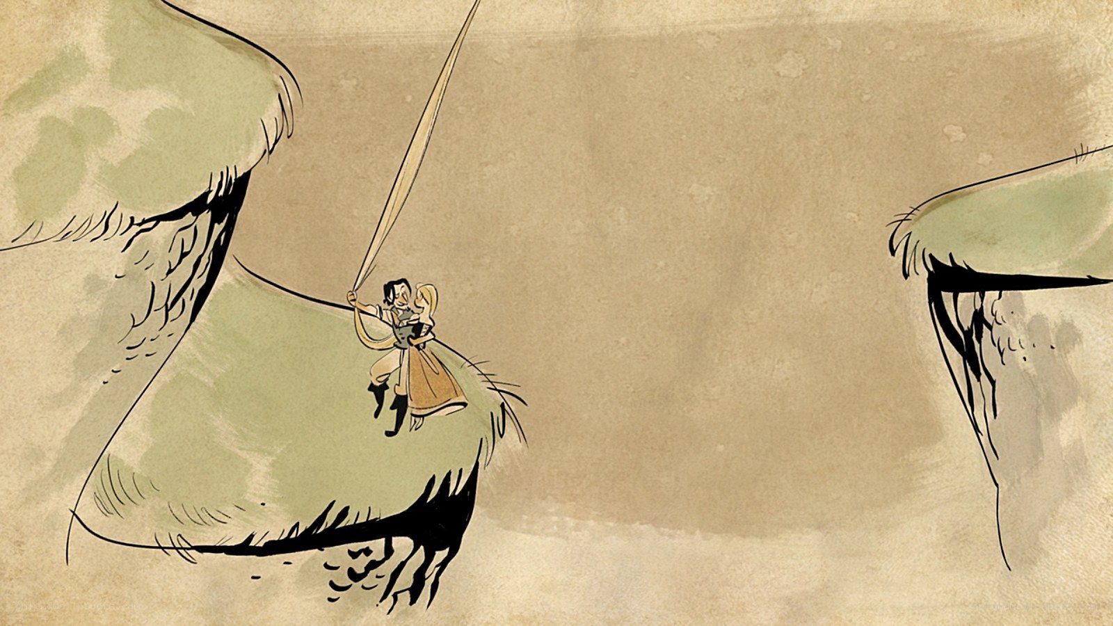 Rapunzel and Flynn on a rope