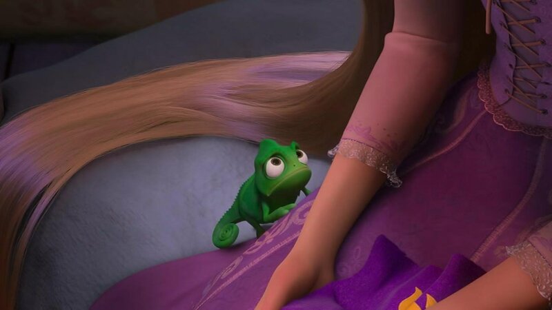 Rapunzel and Pascal in purple dress