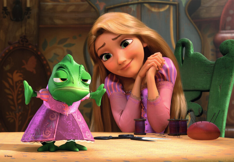 Rapunzel and Pascal in the tower