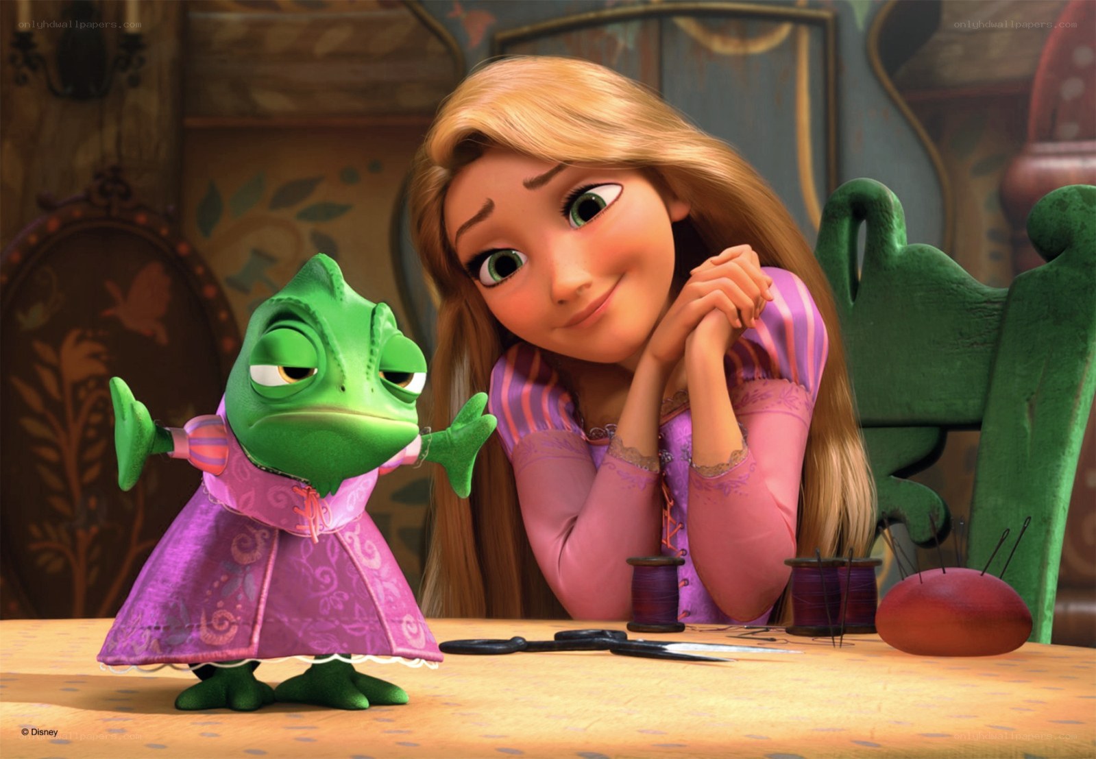 Rapunzel and Pascal in the tower
