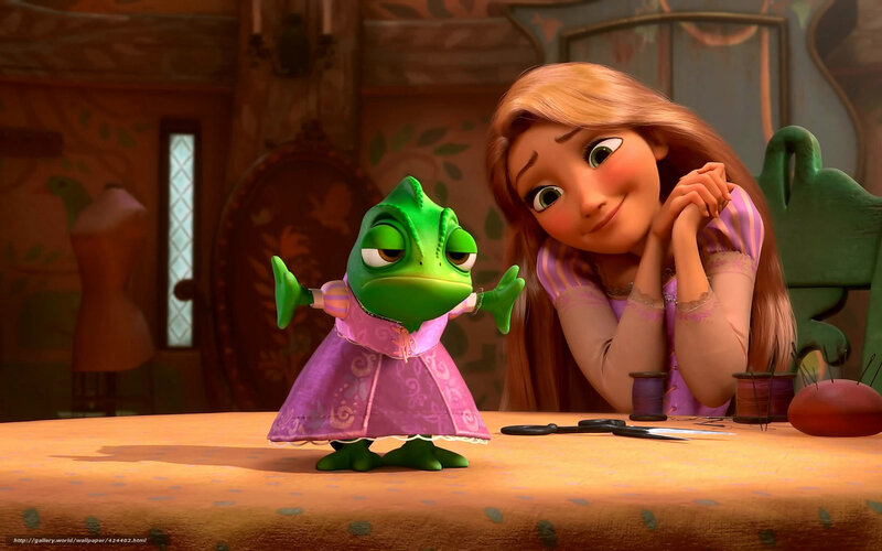 Rapunzel and Pascal in the tower