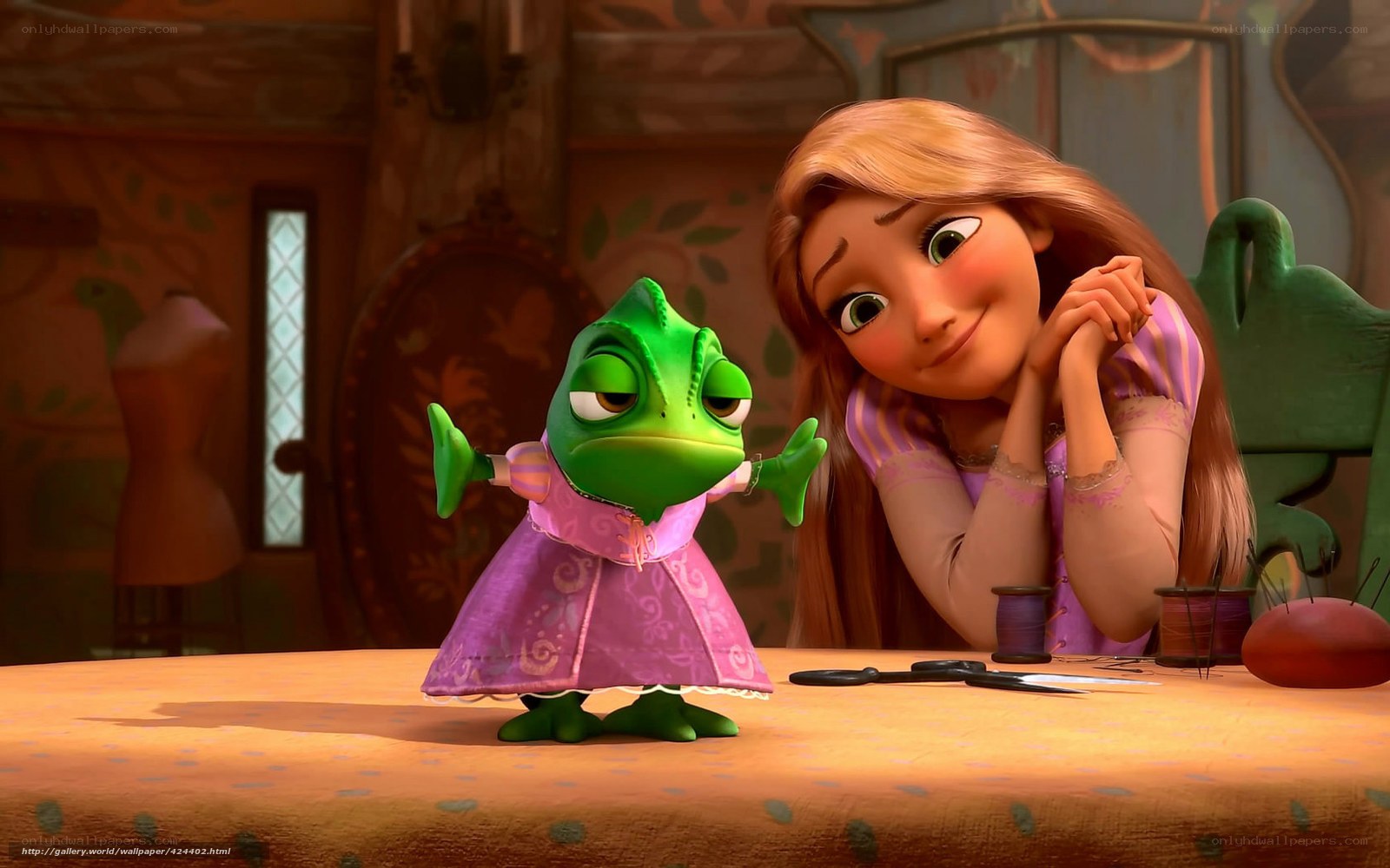 Rapunzel and Pascal in the tower