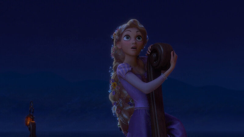 Rapunzel holding a harp