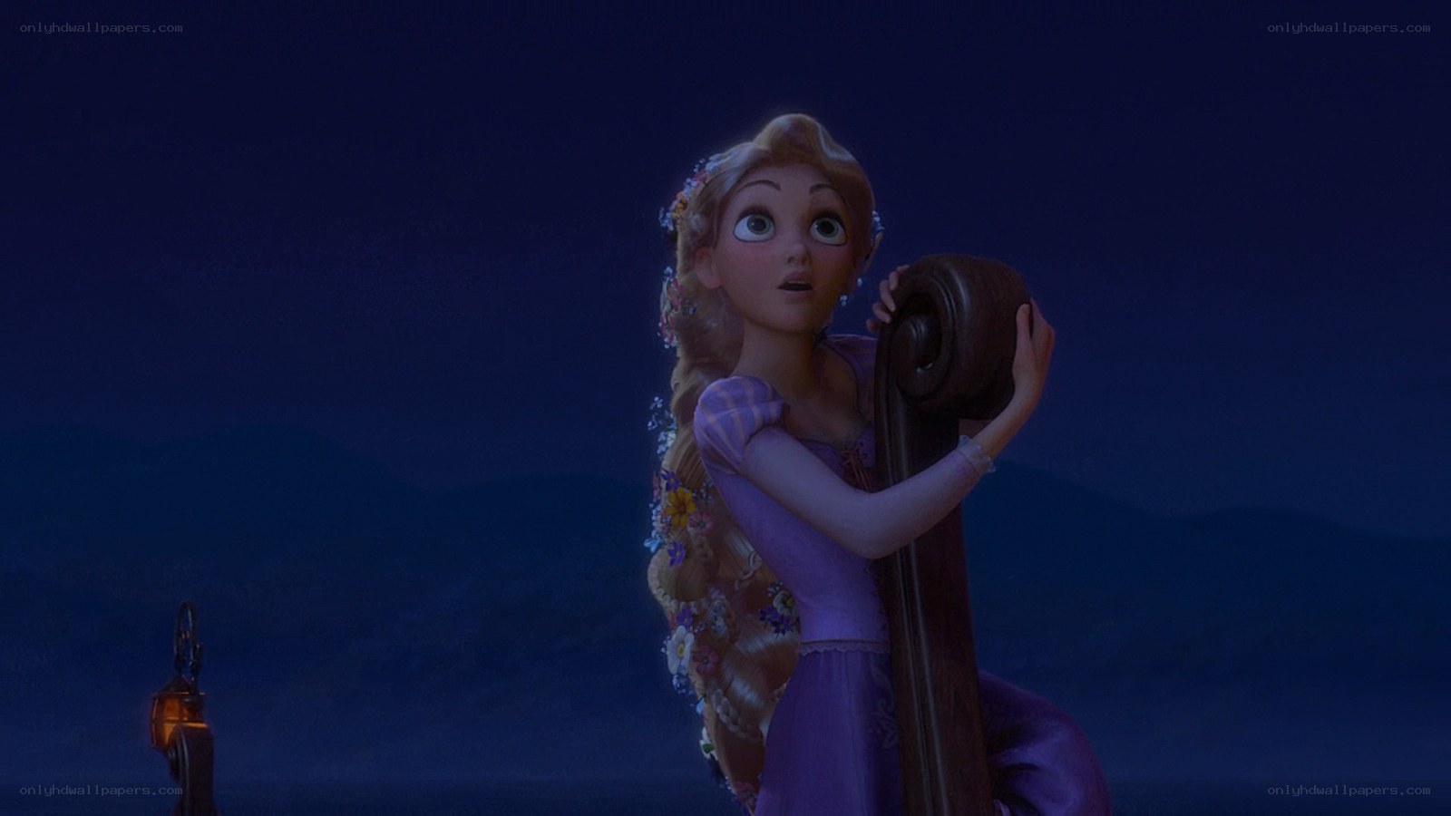 Rapunzel holding a harp