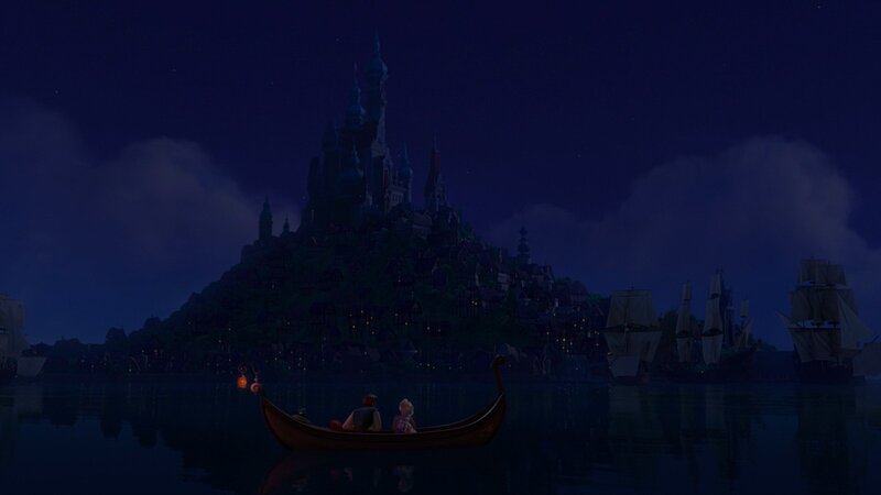 Rapunzel's boat at night