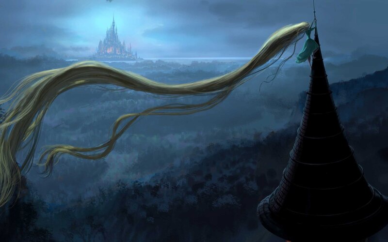 Rapunzel's long hair in the wind