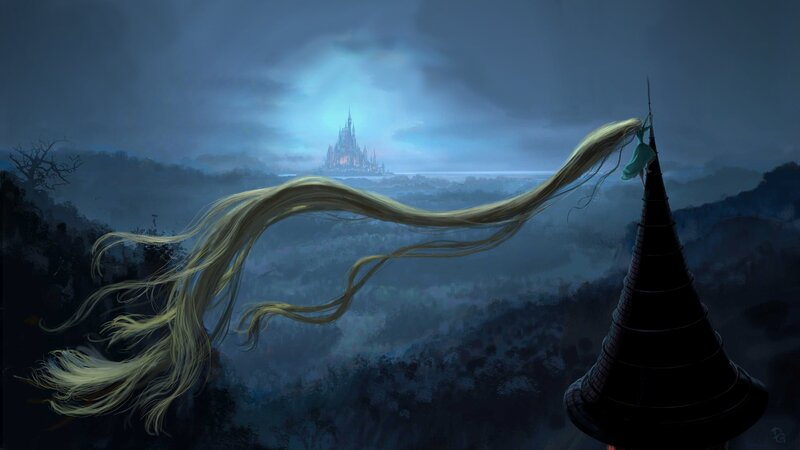 Rapunzel's long hair reaches the castle