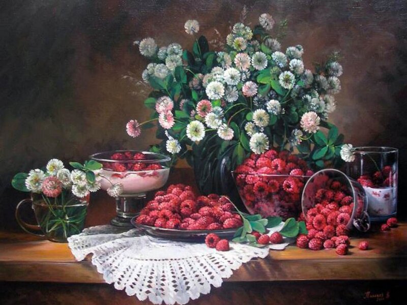 Raspberries and Flowers — Red, Calm