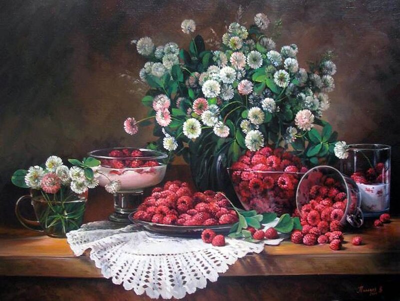 Raspberries and Flowers — Red
