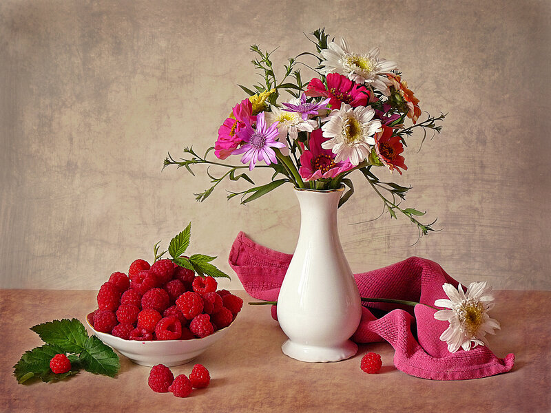 Raspberries and Flowers — White