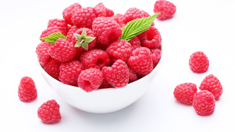 Raspberries in a Bowl — Red, Fresh, Photograph, Leaves, Scattered Berries