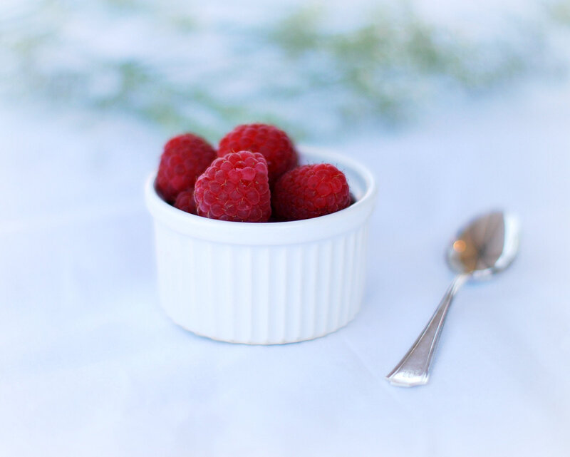 Raspberries in a Bowl — White, Serene