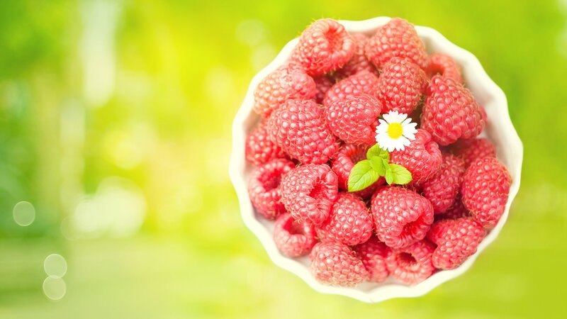 Raspberries in a bowl with flower