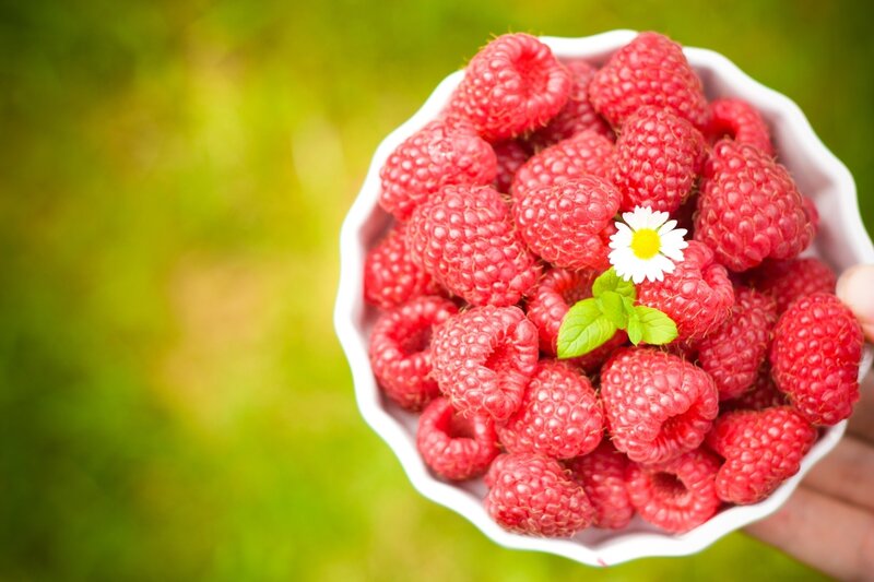 Raspberries in a bowl with flower