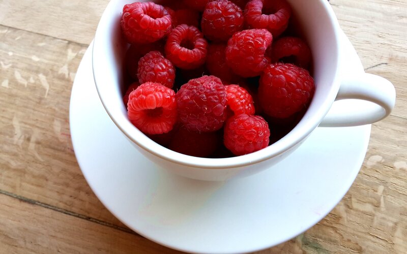 Raspberries in a Cup — Red, Calm, Photograph