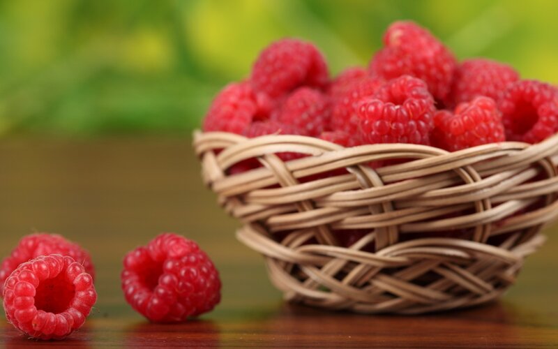 Raspberries in Basket — Red, Natural, Photograph