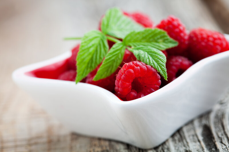 Raspberries in White Bowl