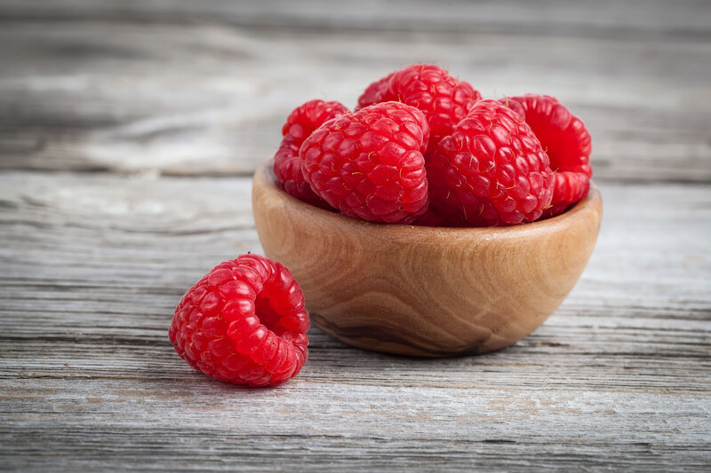 Raspberries in Wooden Bowl — Red