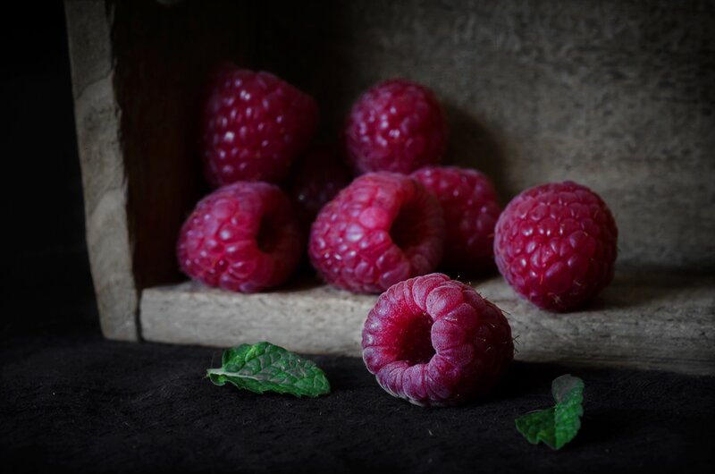 Raspberries in Wooden Box — Red