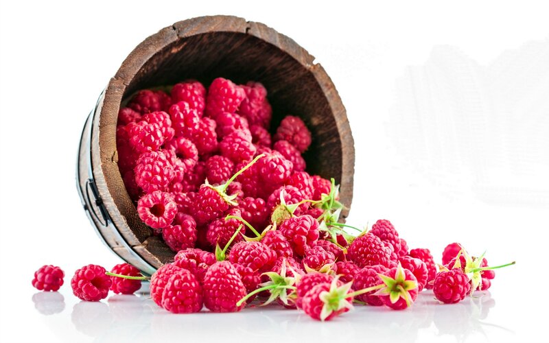 Raspberries in Wooden Bucket