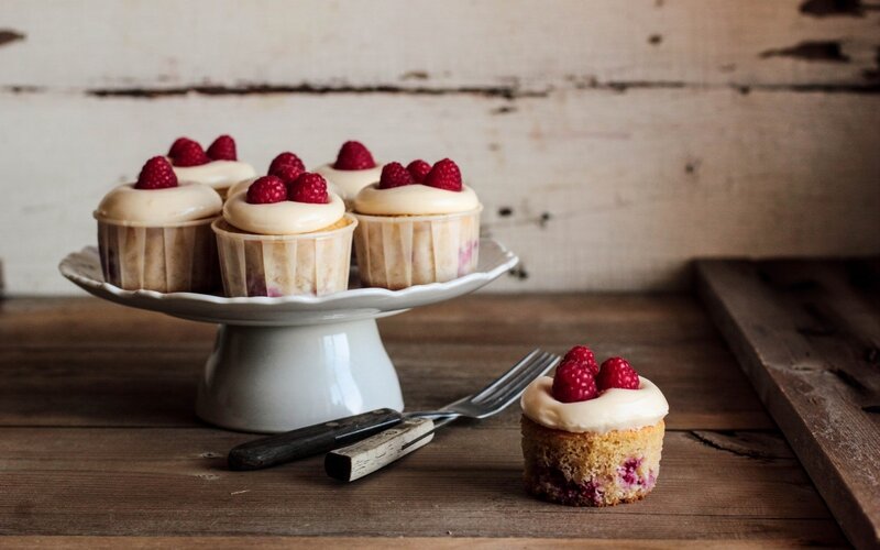 Raspberry cupcakes on a stand